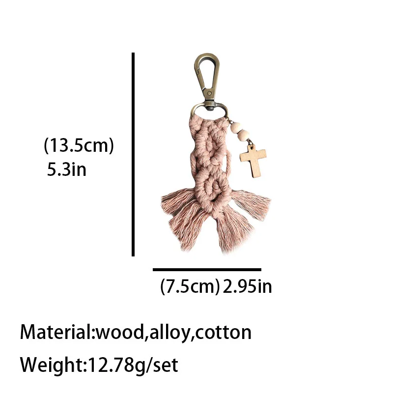 Hot Sale Boho Handmade Woven Cotton Tassel Macrame Keychain Wooden Beads Cross Cactus Texas Map Shape Pendant Keychain