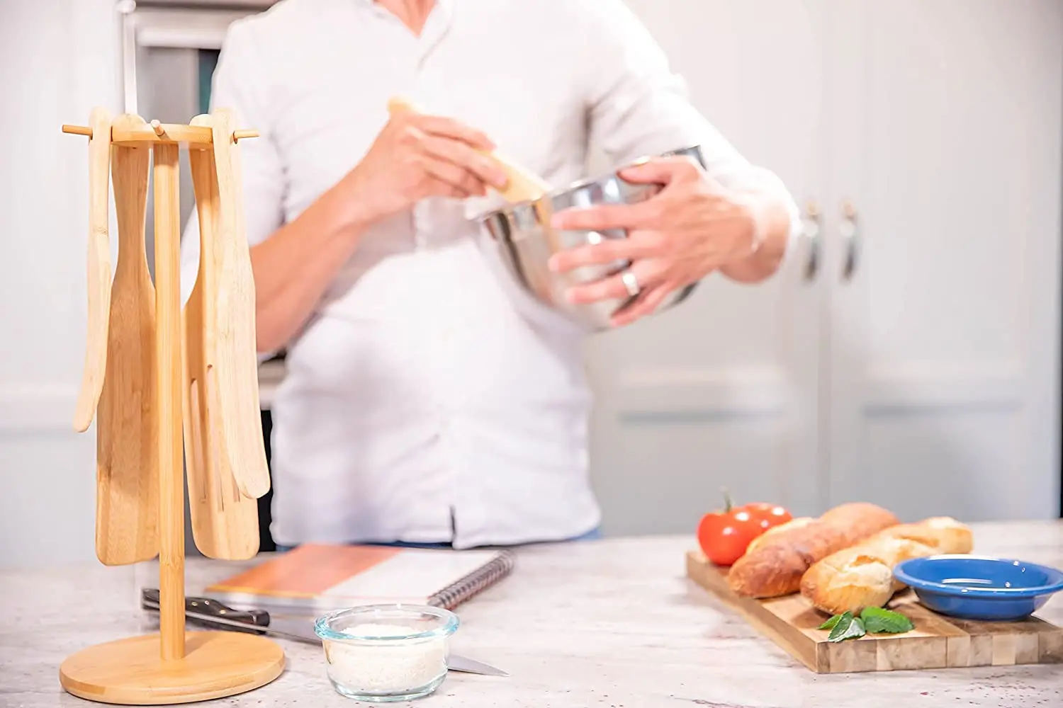 Kitchen Tools Wooden spurtles Set Bundled with Countertop Utensil Holder Eco-Friendly Bamboo Cooking
