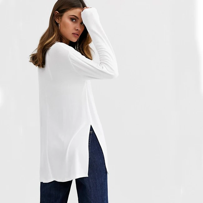 New style women cotton cheap super longline hem side slit long sleeve t-shirt