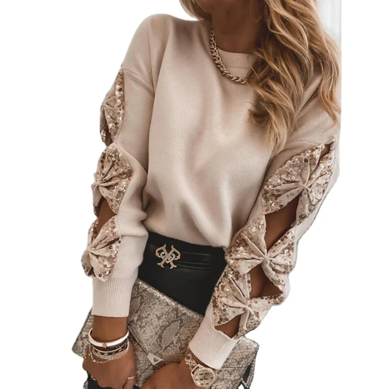Ladies Elegant Sweaters Solid Lace Sequin Patchwork Long Sleeve Jumpers Fashion O-Neck Bow Hollow Out Tops Women Casual Pullover