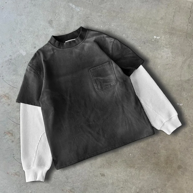 Индивидуальная черная двухслойная винтажная вымытая обрезанная футболка оверсайз с длинным рукавом и карманом