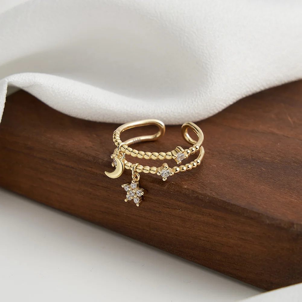 RINNTIN SR333 Fashion Unique Design Women Rings S925 Sterling Silver Moon Star Charm Open Ring for Girls