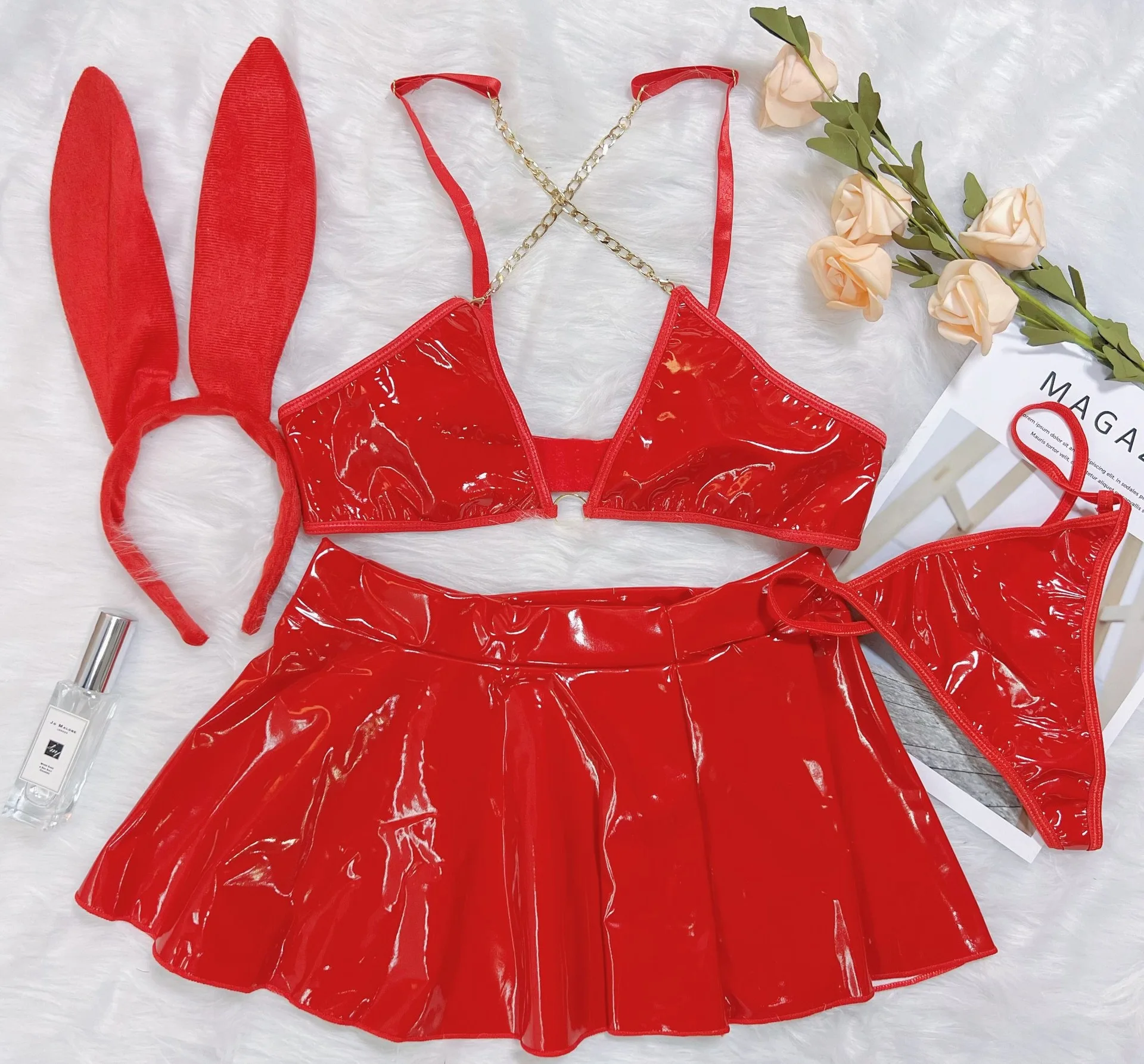 Rave Outfits for Women - Sexy  Latex Shiny Chain Top Leather Mini Skirt Thong Music Festival Bunny Costume