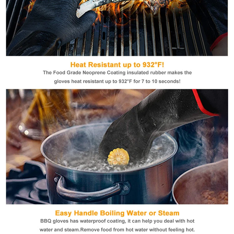 Black 932 degree Heat Resistant Waterproof Oil Resistant Neoprene Barbecue Insulation Bbq Oven Work Protective Long Gloves