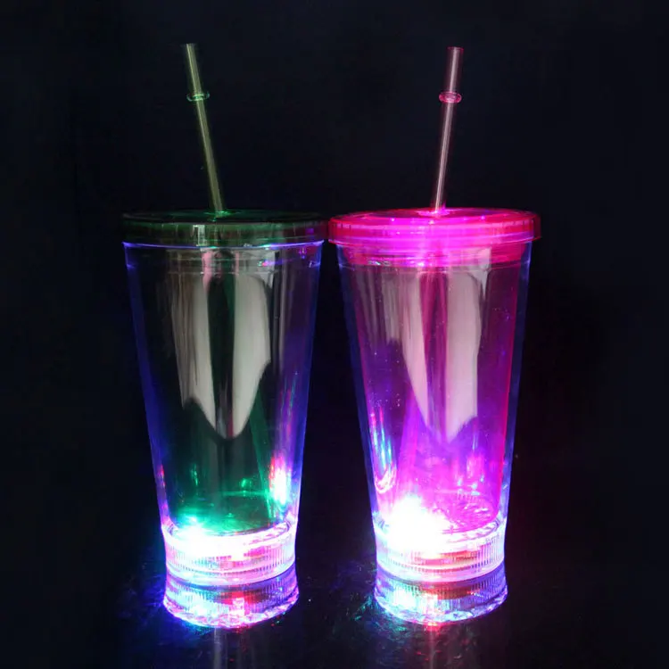 LED Creative Double Layered Luminous Straw Cup 16OZ Led Plastic Tumbler Party Drinking Cup