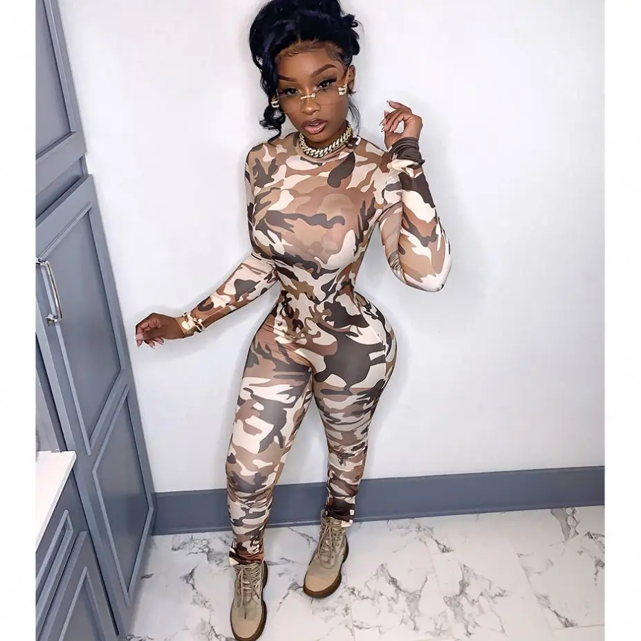 SH1290 High quality Casual Woman Elegant vintage retro classic Autumn women new arrival camo print long sleeve jumpsuits