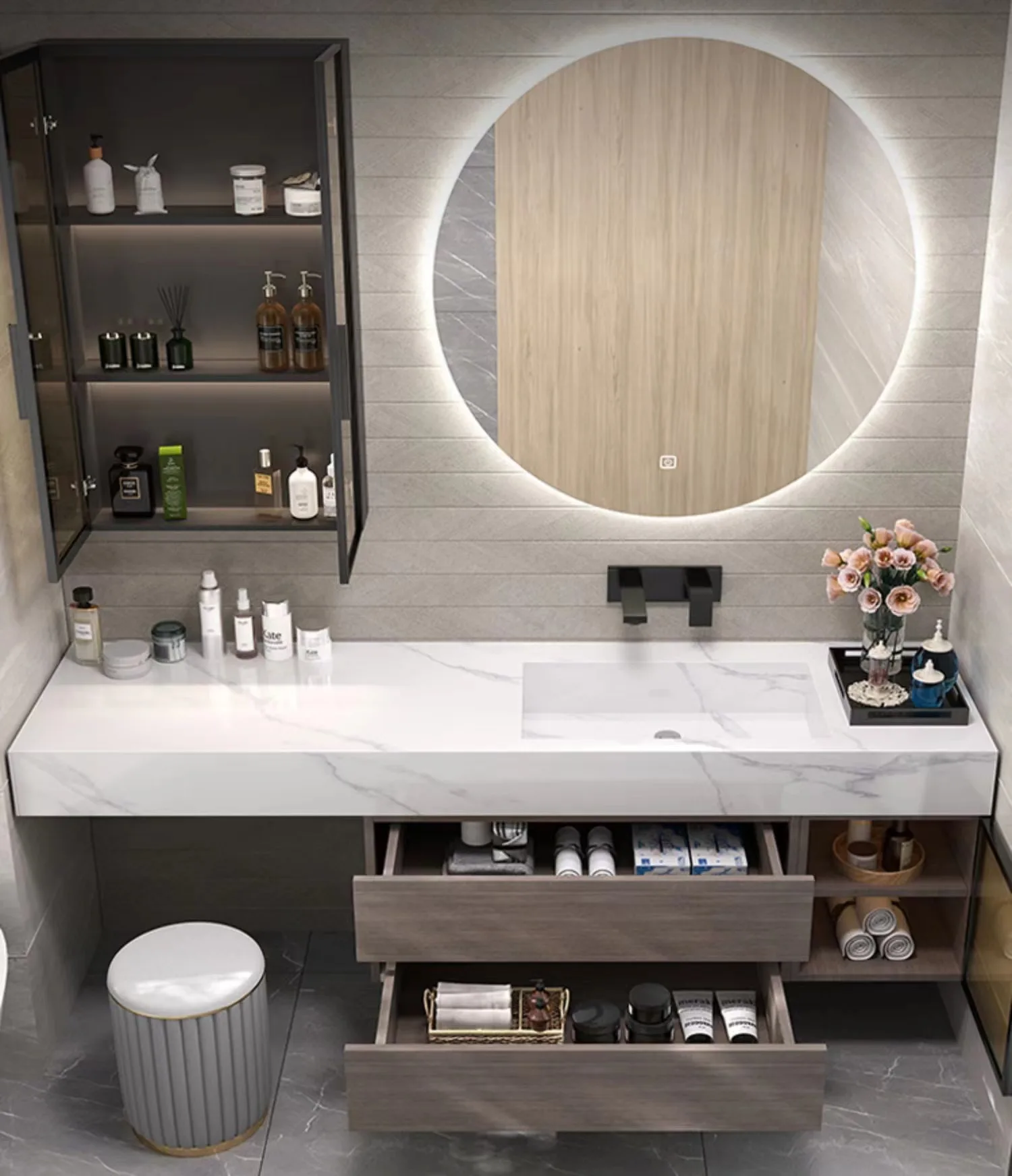 Chinese luxury apartment marble used bathroom vanity cabinetsHotel Project Washing Bathroom Vanity cabinet