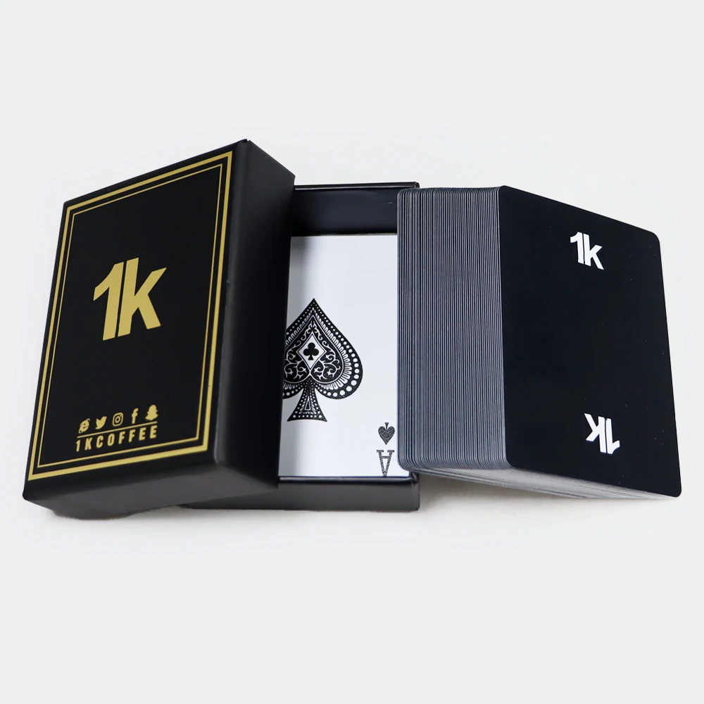 Custom printed high quality plastic anti break waterproof playing cards printing your logo black casino gold foil playing cards