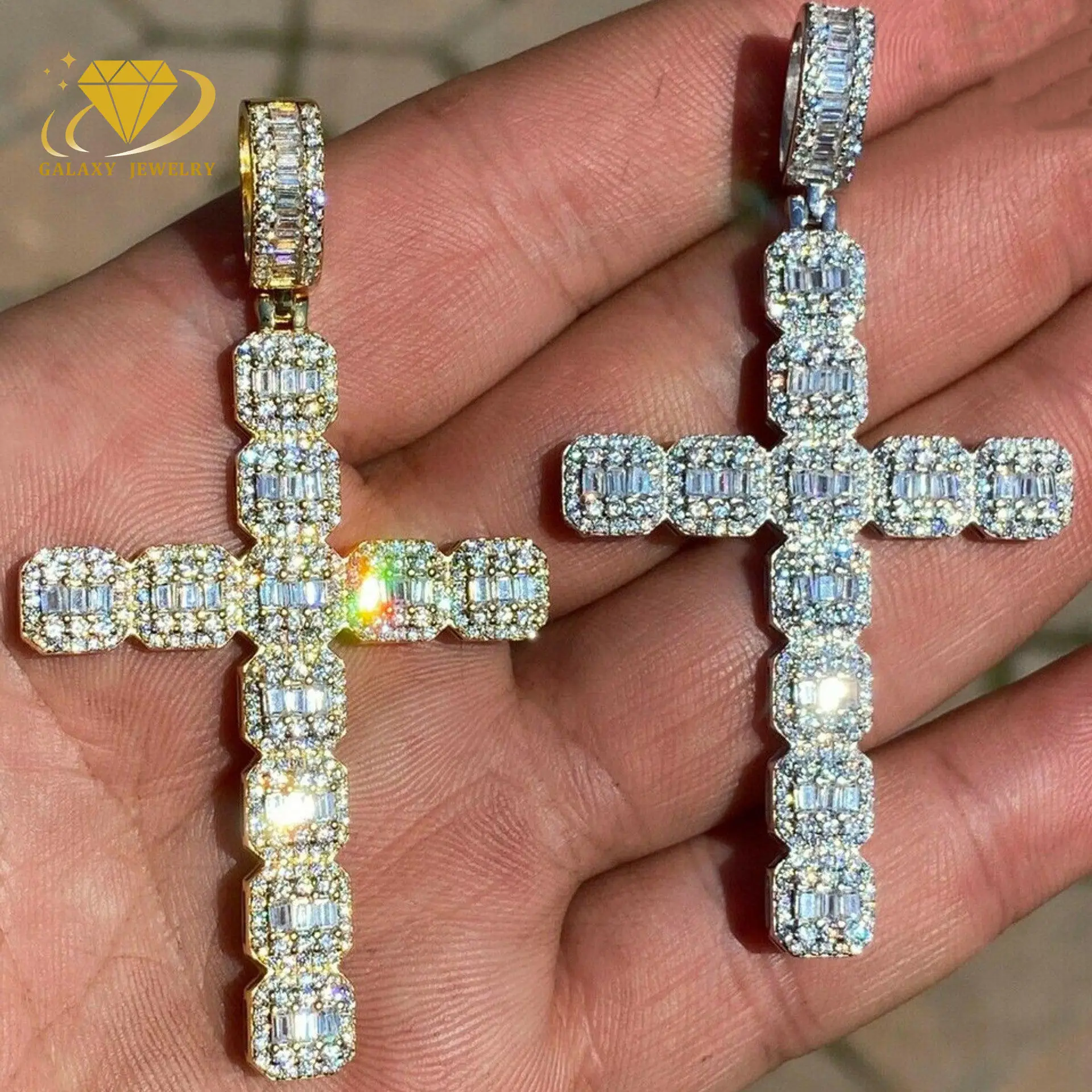 Hip Hop Jewelry White Gold Plated Jesus Cross Pendant Silver Baguette Vvs Moissanite Cross Pendants Gold Cross Pendant For Men