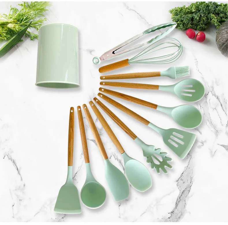 Suppliers Customized Organizer 11 Pieces Cooking Spatula rubber Wooden Handle Silicone Kitchen Utensils Accessories