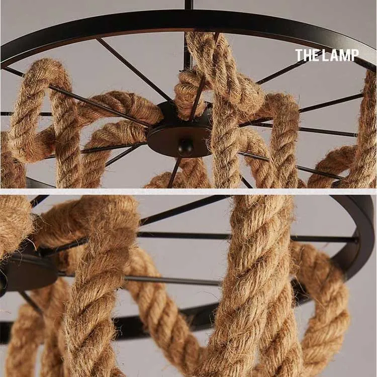 Antique Finish American Farmhouse Retro Hemp Rope Chandelier Pendant Lamp Industrial stylish Decoration Warm Model Project Light