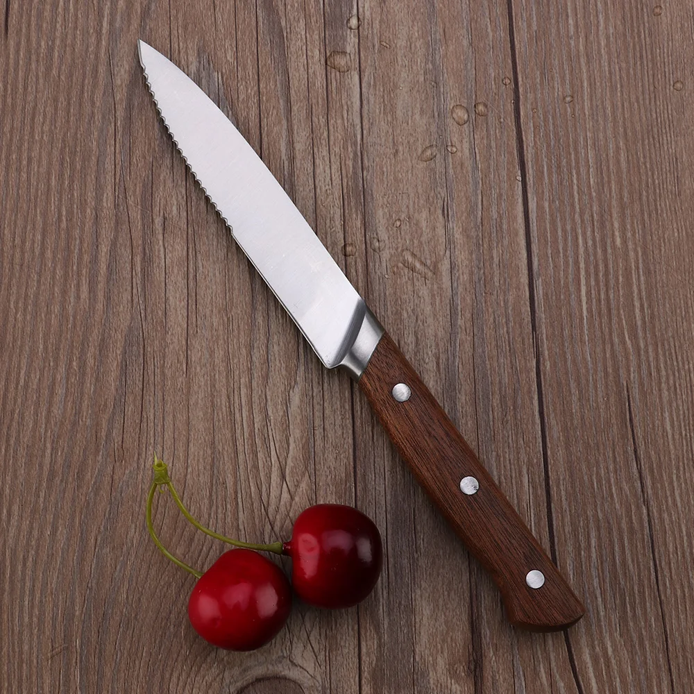 5 Inch  Stainless Steel Serrated Steak Knife with Retro Wooden Handle