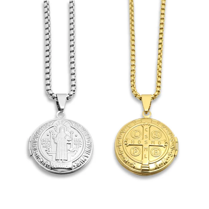 Stainless Steel Round Shaped Jesus Engraved Openable Lock Photo Frame Gold Silver Pendant Necklace Collar De Acero Inoxidable