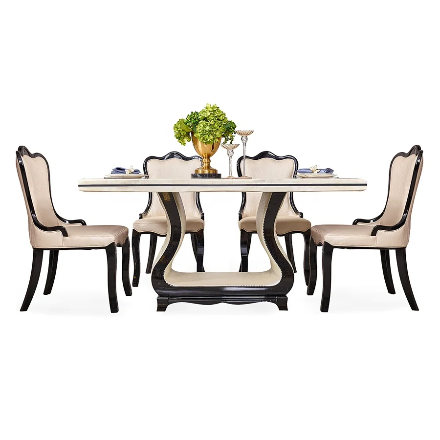 home luxury dinning table 4chairs indoor wooden frame square marble top dining woody table