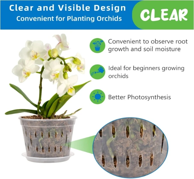 7 Inches Orchid Pots for Repotting, Clear Orchid Pot with Holes and Saucers, Breathable Slotted Orchid Planters