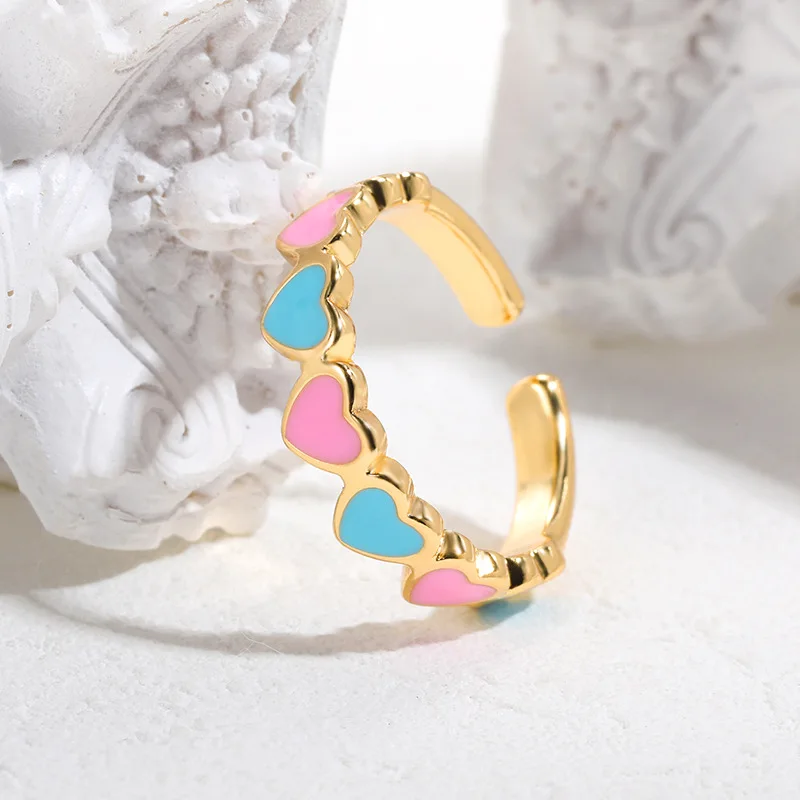 Simple Copper Gold Plated Colorful Enamel Love Heart Finger Ring Cute Drip Oil Heart Open Adjustable Rings For Women Girls