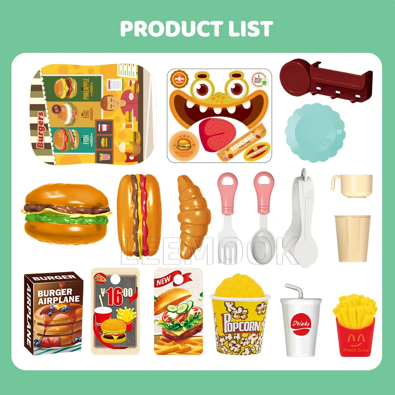 Leemook 2 In 1 Kids Pretend Play Toy Plastic Hamburger Fries Playhouse Toys Kitchen Kit