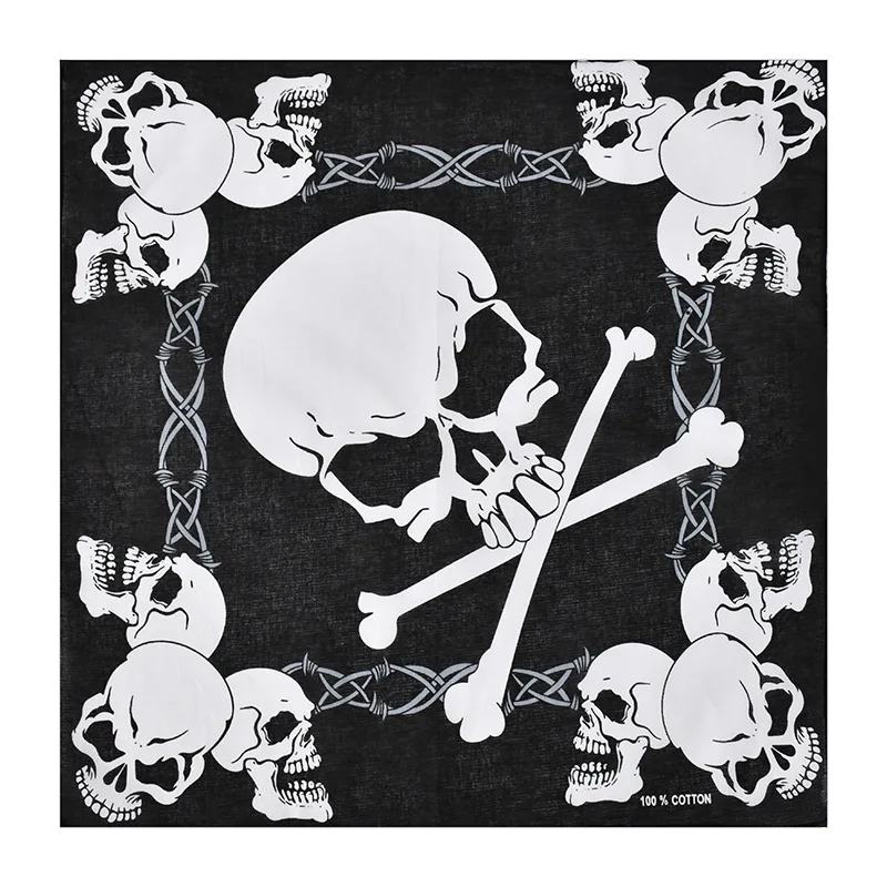 Fashion Design Cashew Flower Skeleton Bandanas Custom Printing Black Hip Hop Scarf 54*54cm Polyester Head Wear Scarf