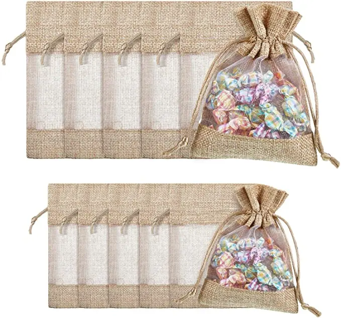 Drawstring Burlap Bags Linen Burlap Sheer Bag with See Through Window for Birthday Presents