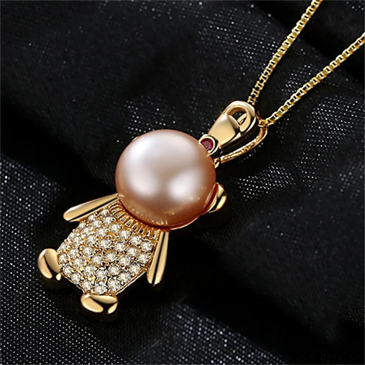 Trendy Charm Cute Bear Shape Pearl Cubic Zircon Pendant 925 Sterling Silver Box Chain Necklace For
