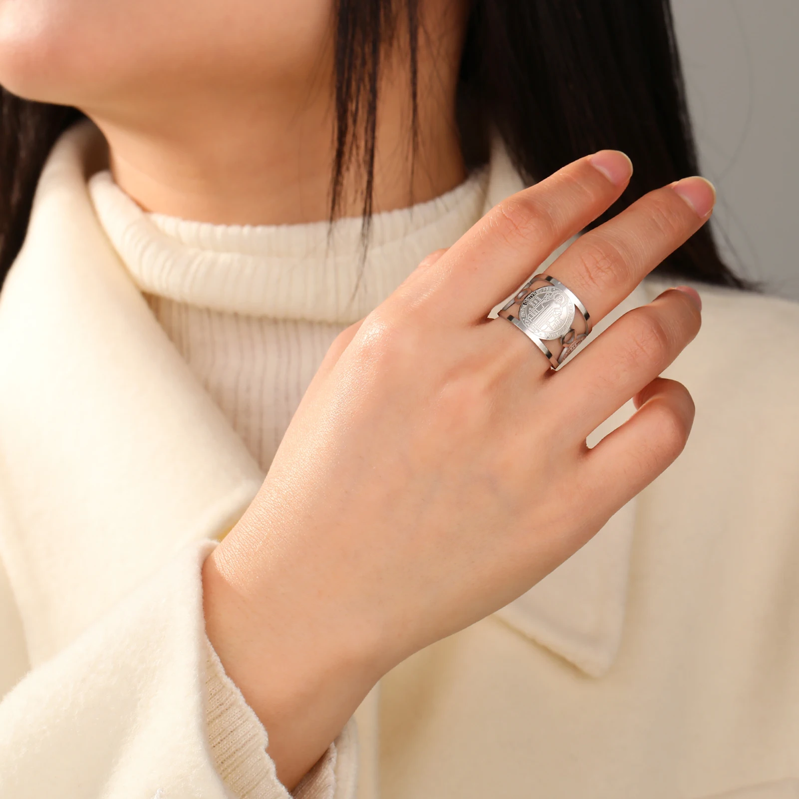 Saint Benedict of Nursia Ring Stainless Steel Finger Ring Holy Catholicism Religious Amulet Jewelry Gift for Men Women