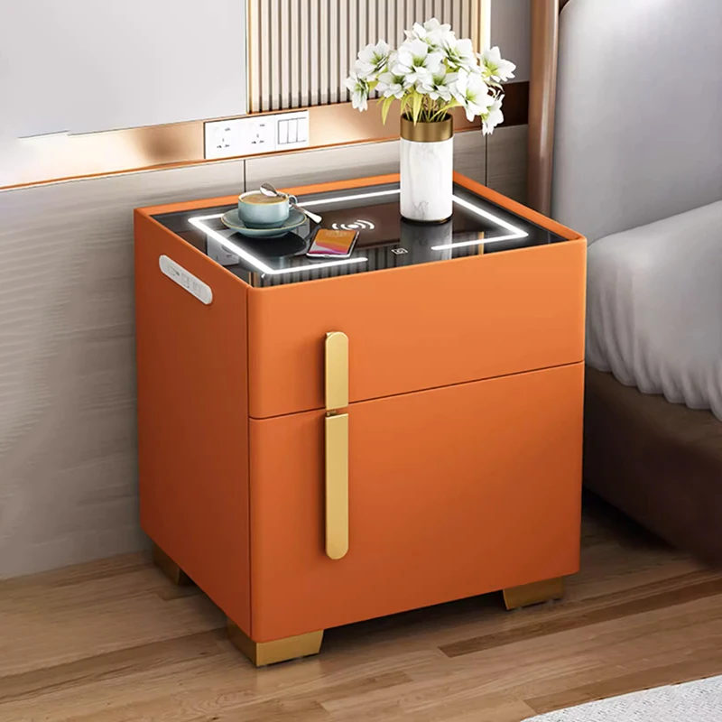 Smart bedside table with Fingerprint Lock and Wireless Charging Station LED Lights USB Port 2 Drawer Storage Cabinet