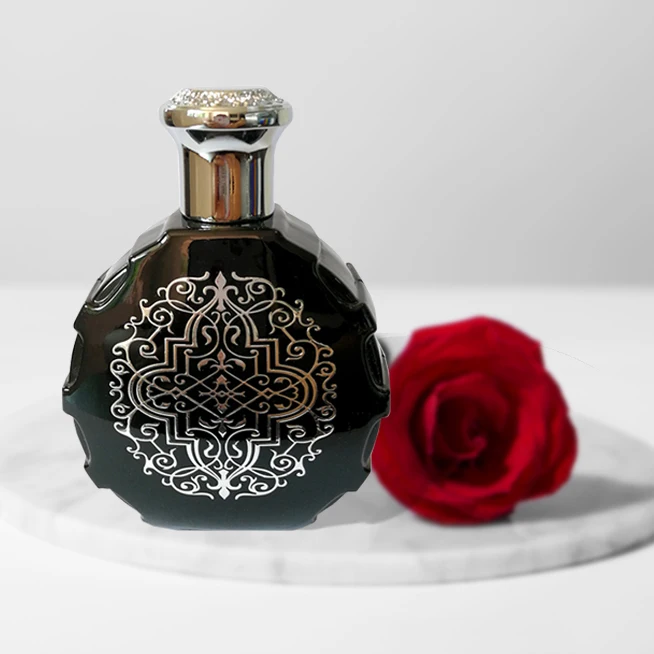 China factory hot sale fast response customized dubai saudi arabic luxury hotstamp logo black perfume bottle with zinc alloy cap