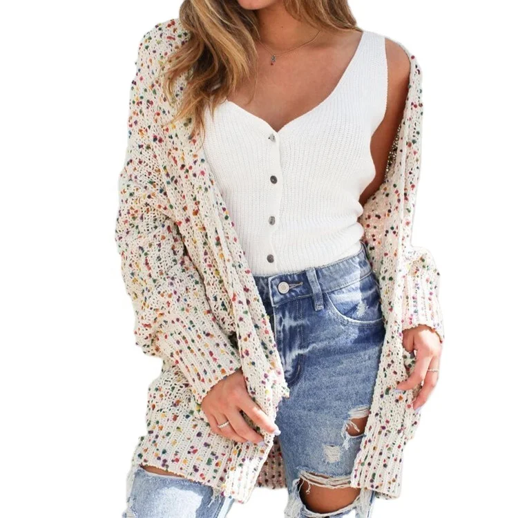 2021 Women Casual Confetti Blotch Long Knit Cardigan With Pockets