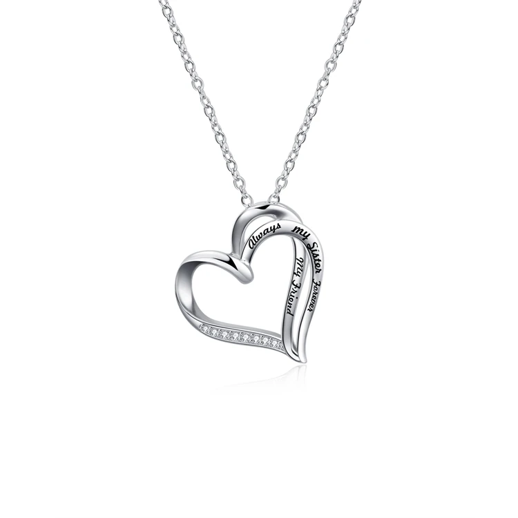 Fine Jewelry 925 Sterling Silver Engraved Zircon Double Love Heart Pendant Necklace