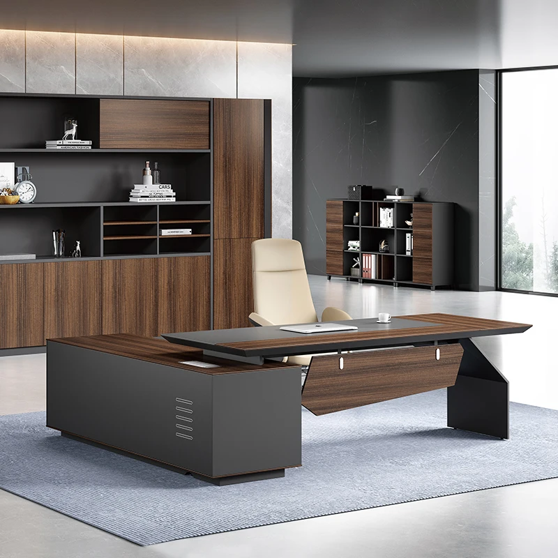 Pengpai custom modern l shaped walnut gray wood boss office executive desk set