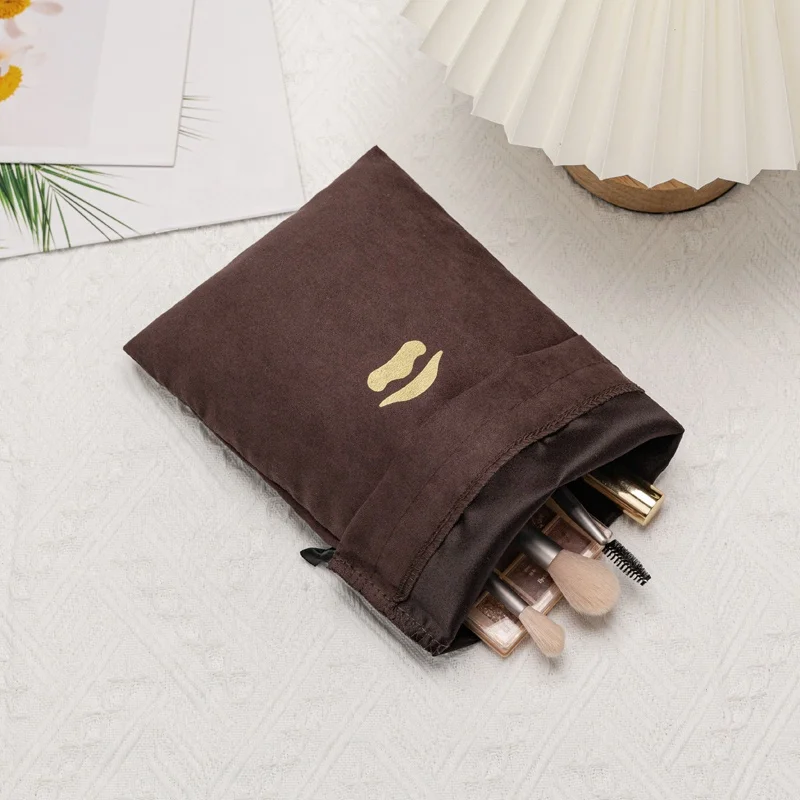 Recyclable Custom Logo Printed High Quality  Brown Suede  Brush Packaging Bag Drawstring Bag For Toys Storage Cosmetic Bag