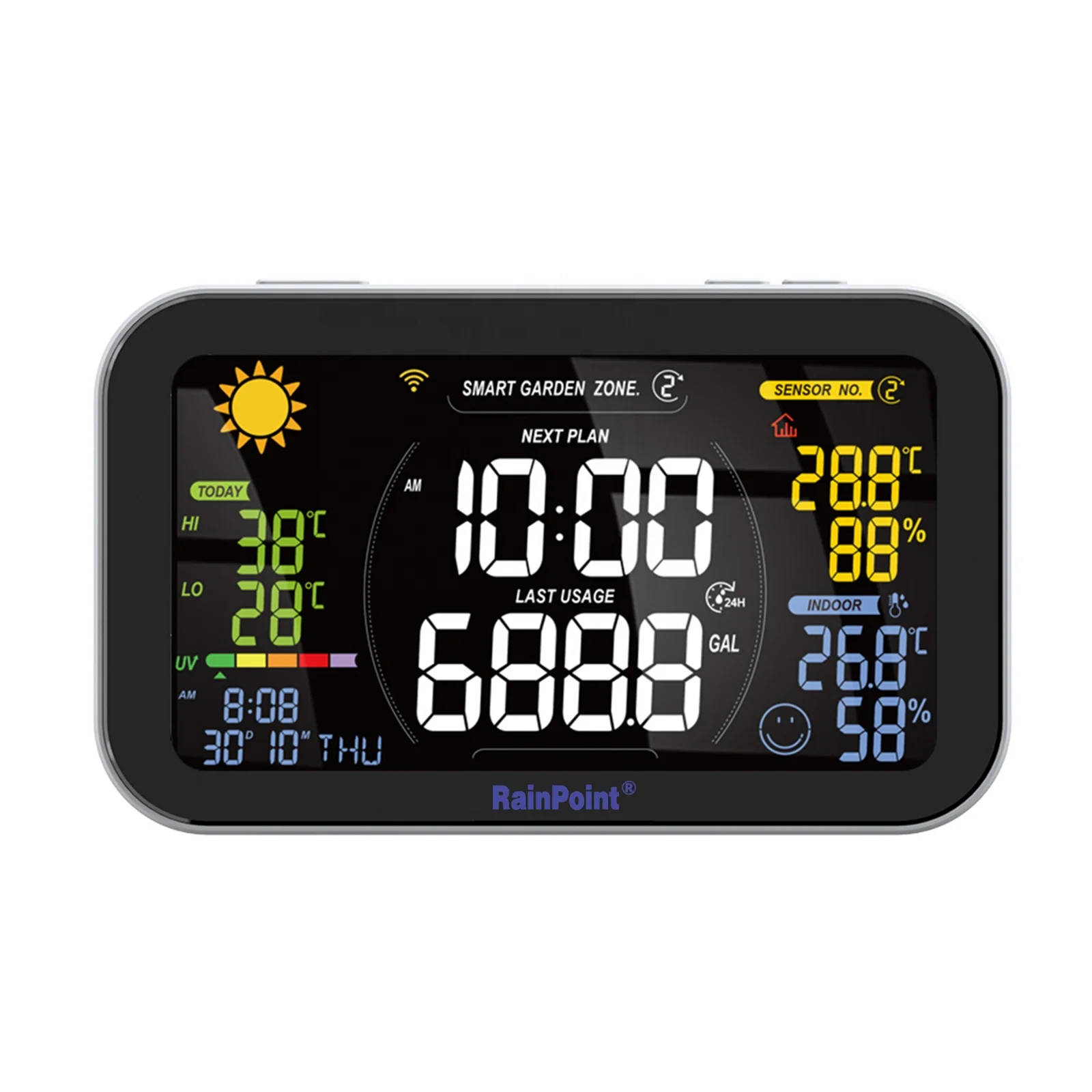 Rainpoint Digital Irrigation System Hub Displayed with Irrigation Plan Watering Time Sensors Showing Automatic Garden