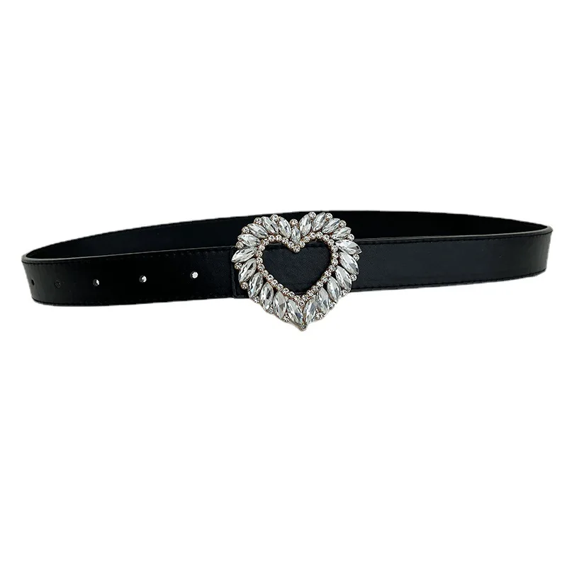 Rhinestone  Belt Bling Heart  Buckle Leather  Belt for Women Ladies Belts for Jeans Pants