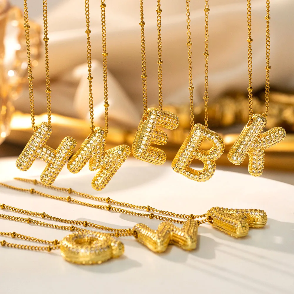 New Hip Hop 18K Gold Stainless Steel Crystal Zircon Letter Charm Pendant Necklace Women Rhinestone Alphabet Necklace For Gift
