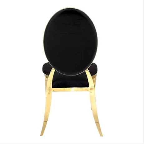 Оптовая продажа, штабелируемые прочные стулья из нержавеющей стали золотистого и черного цвета с круглой спинкой для банкетов, торжеств, свадеб