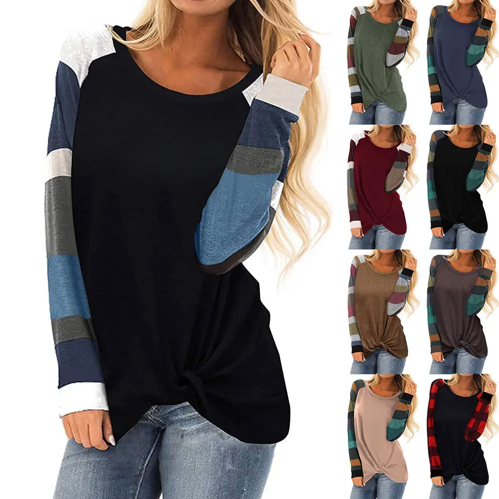 FanLi 2021 Fashion Color Block Shirts Long Sleeves Crewneck Sweatshirt Black Pullover Top Blouse