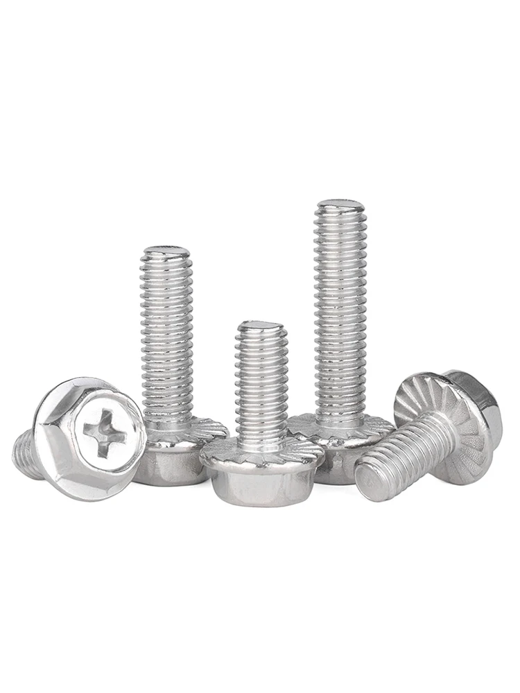 304 Stainless Steel M3 Titanium Screw Cross Groove Flange Pad Gear Anti-Skid Bolt Nail Outer Hexagon M4M5M6M8mm Metric DIN