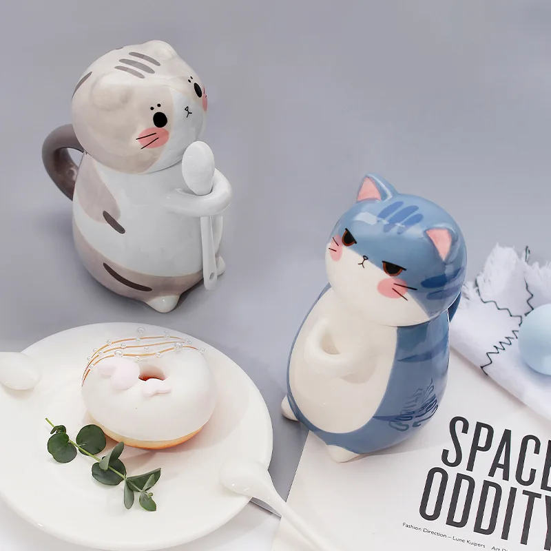 Couple Cup Japanese Cartoon Cute Cat Ceramic Cup Breakfast Milk Coffee Cup With Lid