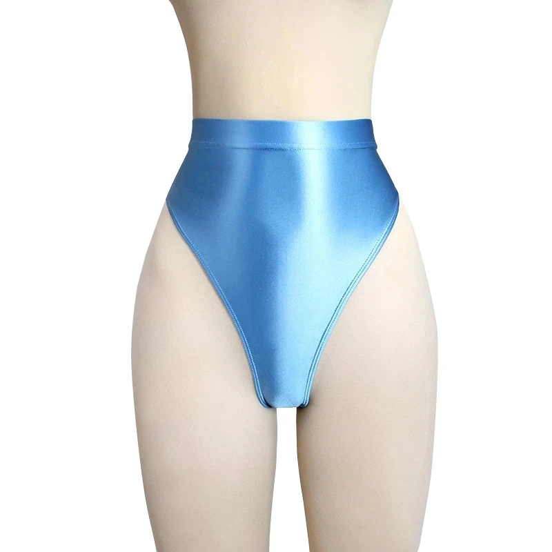 Sexy Shiny Thong Bikini Bottoms with Buttocks Silky Solid Bikini High Waist Tights Underpants High Fork Oily Briefs Large Size