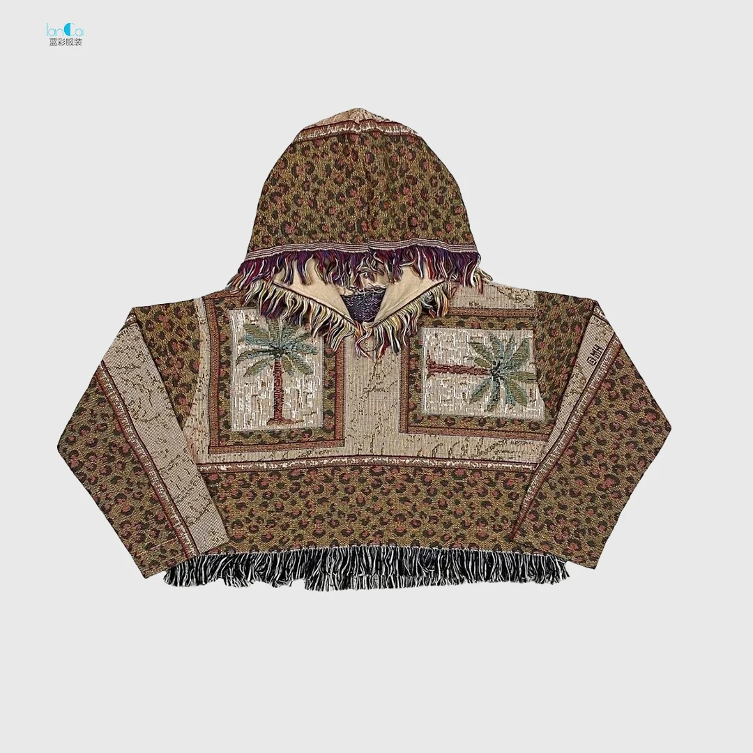 Manufacturer Oem Custom Photo Pullover Cropped Hoodies Men Vintage Men Woven Crop Tassel Tapestry Hoodie