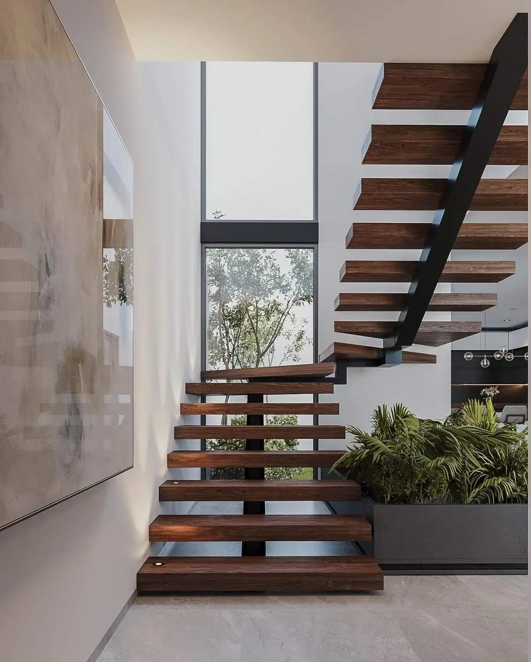 Luxury Design Basement stair pre-buried Stringer Staircase wood marble glass steps straight Floating stairs