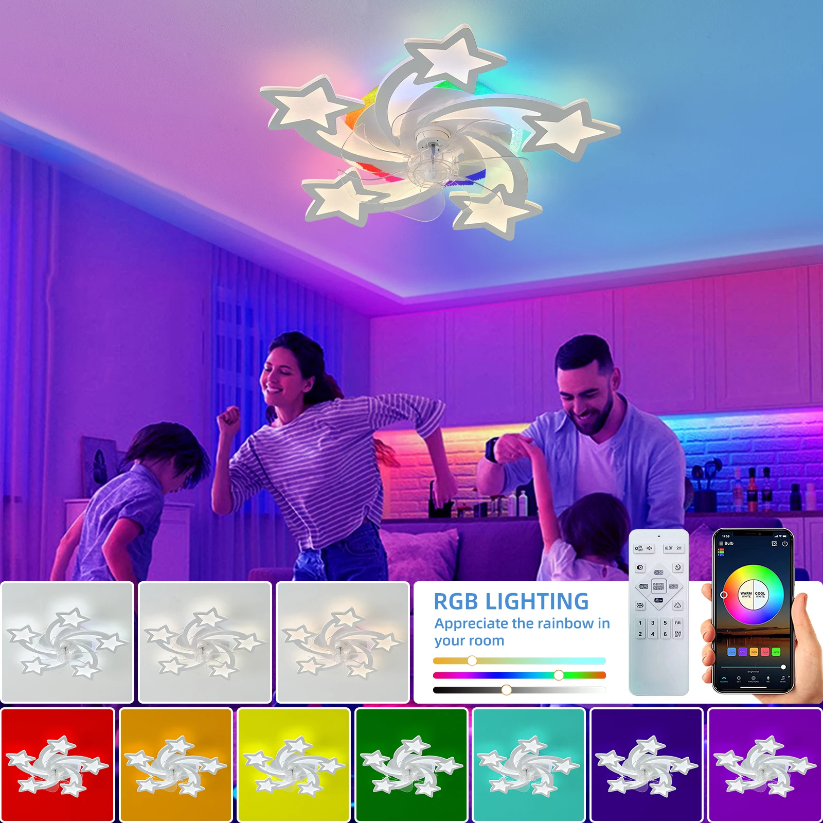 RGB 27 2 дюймов светодиодный потолочный вентилятор с подсветкой и пультом дистанционного управления управлением приложением синхронизация 6 скоростей передачи 7 лопастей вентилятора регулировка яркости