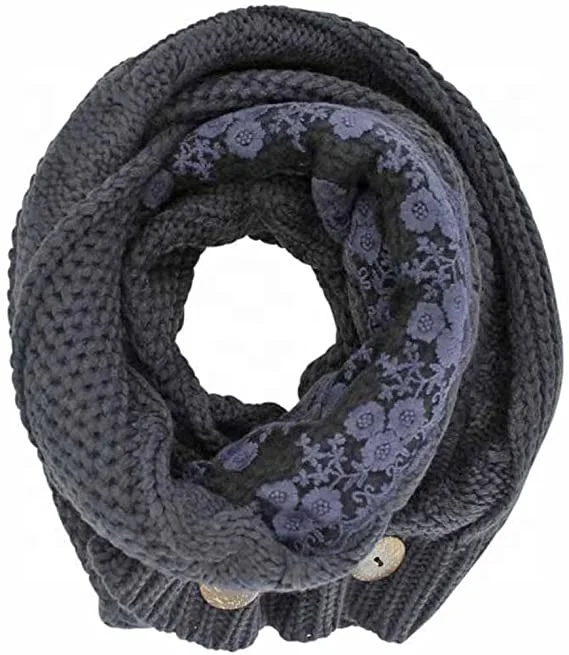 Cable Knit Scarf Neck Wrap With Lace & Button Trim