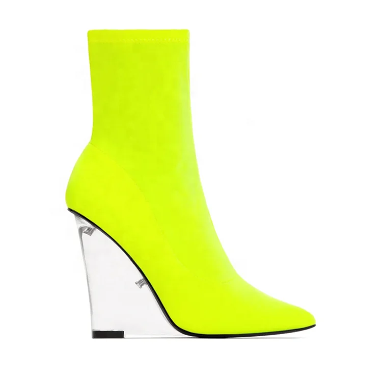 Candy Neon Snakeskin Printing Stretch Fabric Pointed Toe High Heels Transparent Crystal Wedges Pumps Shoes Big Size Ankle Boots