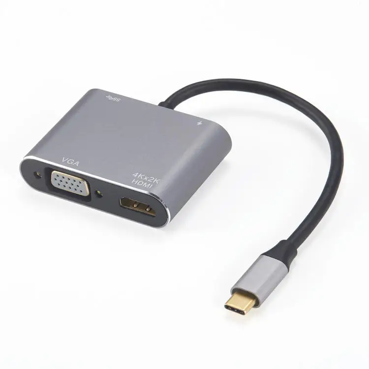 Преобразователь USB C 4 в 1 темно-серый Тип C в HDTV + VGA + PD + USB адаптер