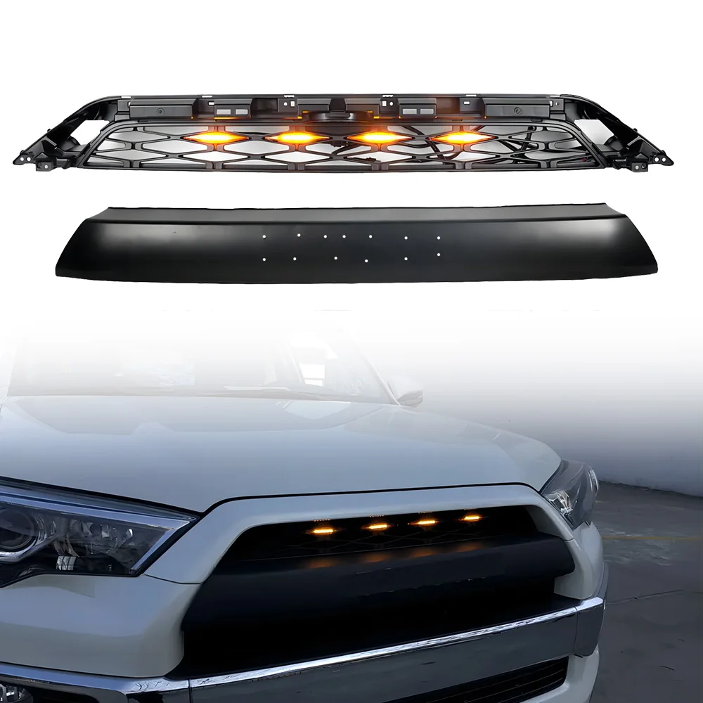 Guangzhou Auto Parts ABS Black Front Grille For 4Runner 2014 2015 2016 2017 2018 2019 All Models With 4 LED Lights And Letters