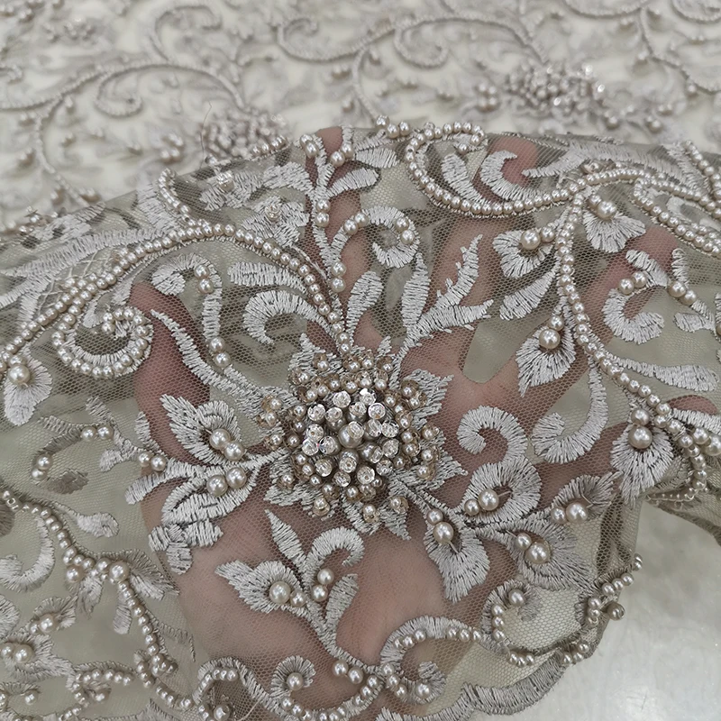 High quality French heavy beaded handwork embroidery tulle bridal lace fabric