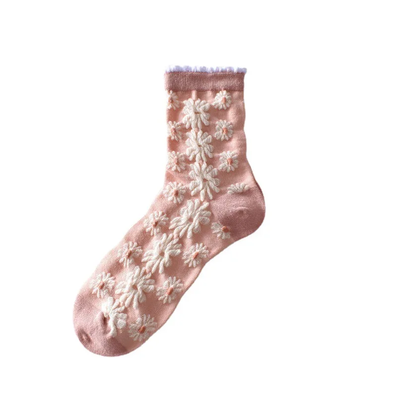Retro Floral Embroidery Tube Socks Twist Thick Women Sweet Crew Socks For Women