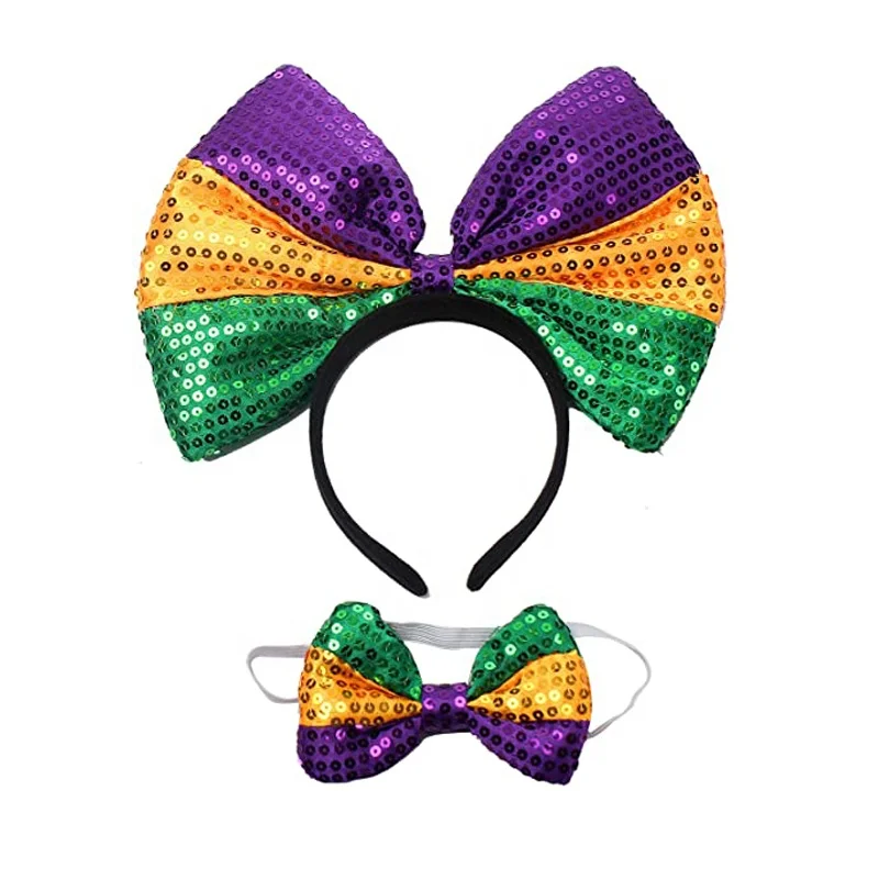 Women Mardi Gras Festival Costumes Headwear Glitter Sequin  Bowknot Headband And  Bow Tie Accessories Parade Party Celebration