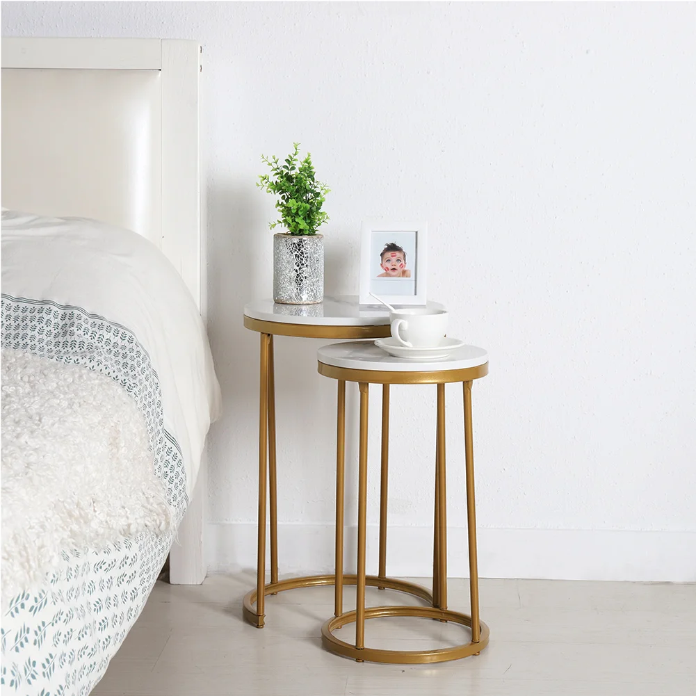 Set of 2 Nesting Table Modern Marble Nightstanding Side Tables Round Coffee End Tables Metal Frame for Living Room Bedroom
